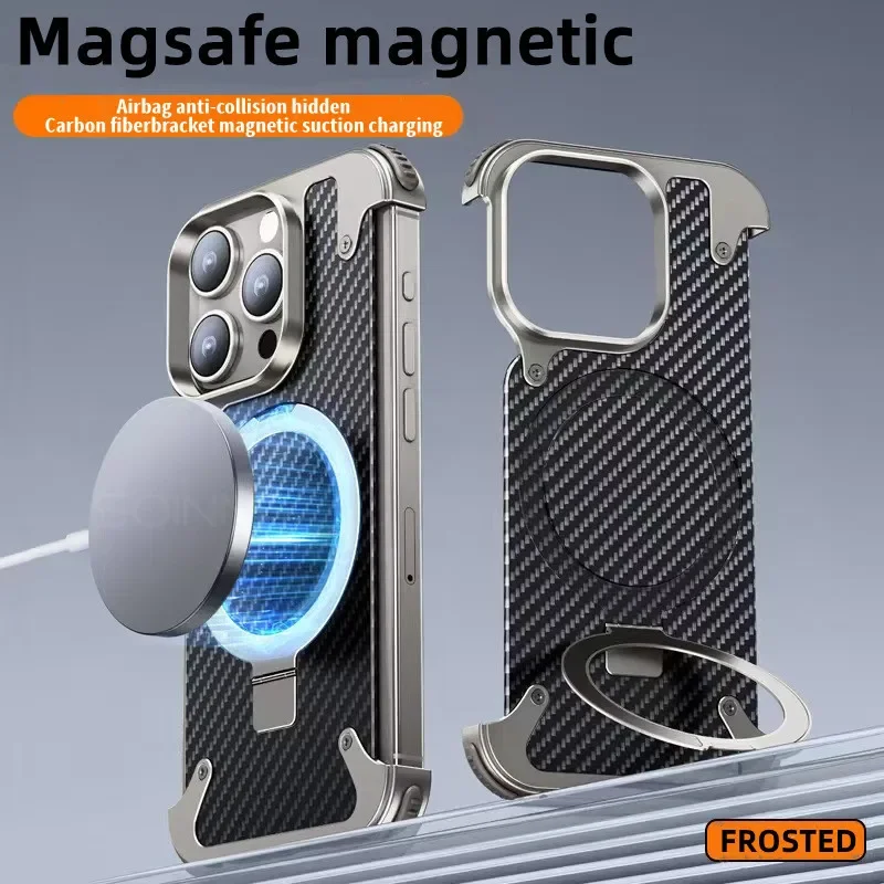 

Luxury Magsafe Magnetic Metal Rimless Stand Phone Case For iphone 15 14 Pro Max 15 14 Pro Carbon Fiber Aluminum Shockproof Cover