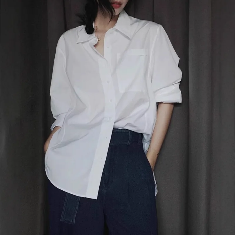 

Classic White Cotton irt Loose Fit Long Sleeve Commute Spring Autumn Women's Fashion Solid Color Turn-down Collar Women Top