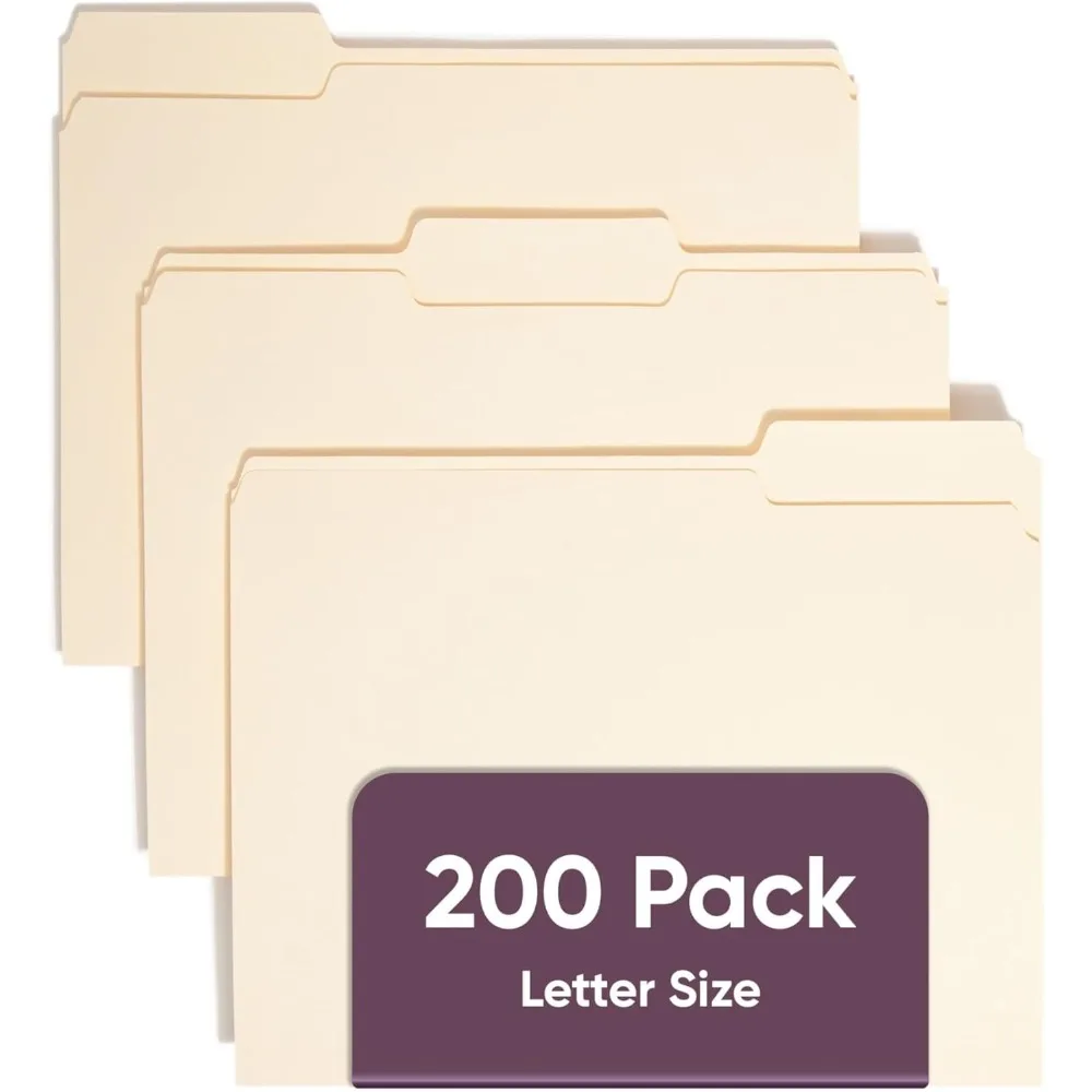 

Letter paper size document folders, 1/3-inch cut labels, letter paper size Manila paper folders, 200 folders per box.