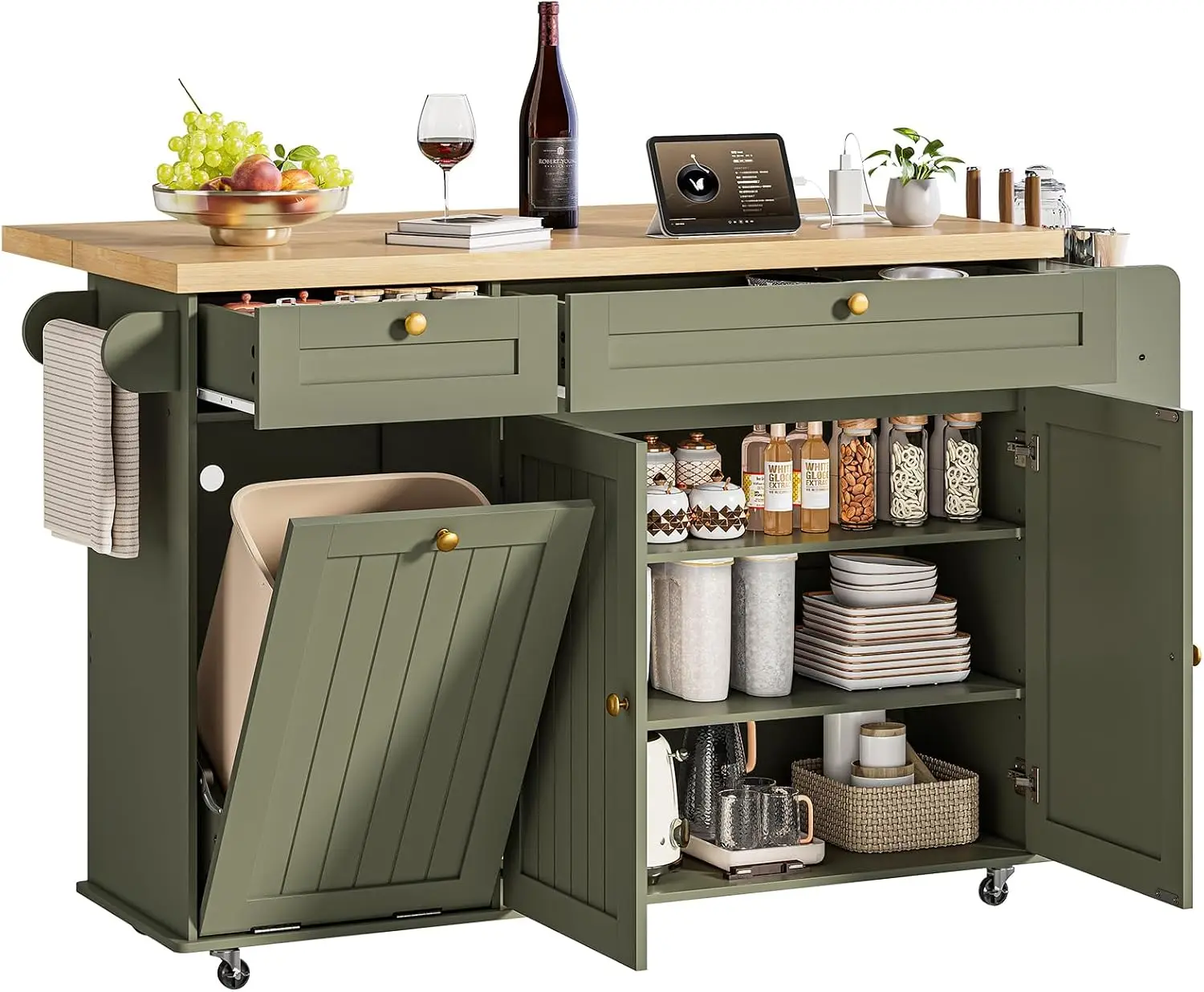 Isla de Cocina de 60 Pulgadas con Tomacorriente y Tablero Abatible, Carrito con Estante para Especias y Toallero, Gabinete de Almacenamiento, Verde