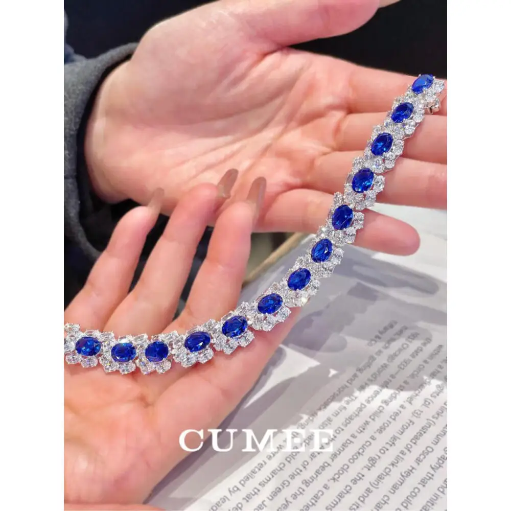 CUMEE Luxury Fine Jewelry Studded Cultivated Synthetic Blue Gemstone Bracelet Silver Gold-plated Tennis Bracelet For Women