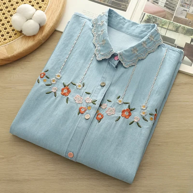 2025 Autumn women clothing Japanese style flower embroider denim blouses bohemian soft cotton women\'s denim shirts