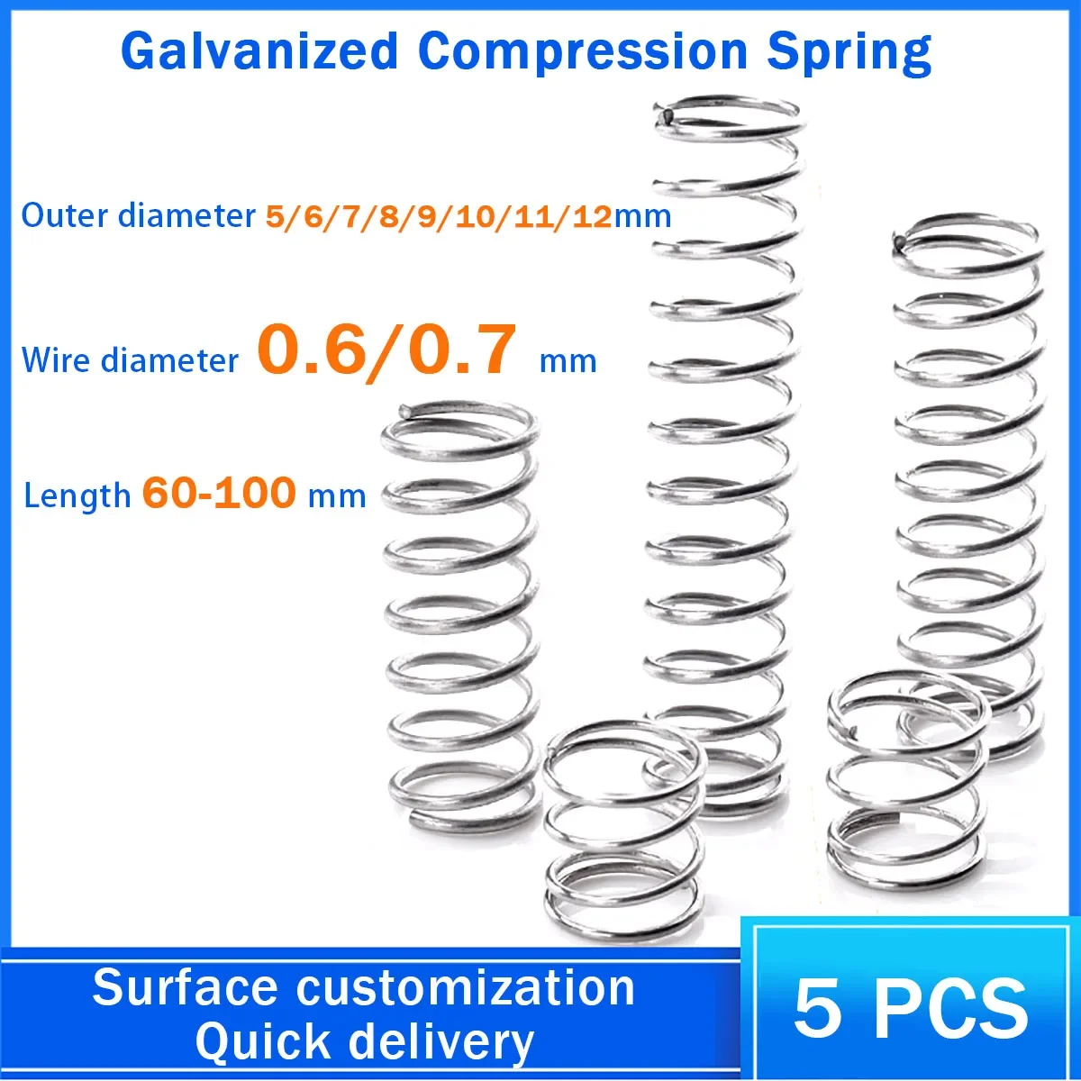

5pcs/lot Rebound Reset Galvanized Compression Spring Wire Diameter 0.6/0.7mm Outer Diameter 5-12mm Length 60-100mm Customization