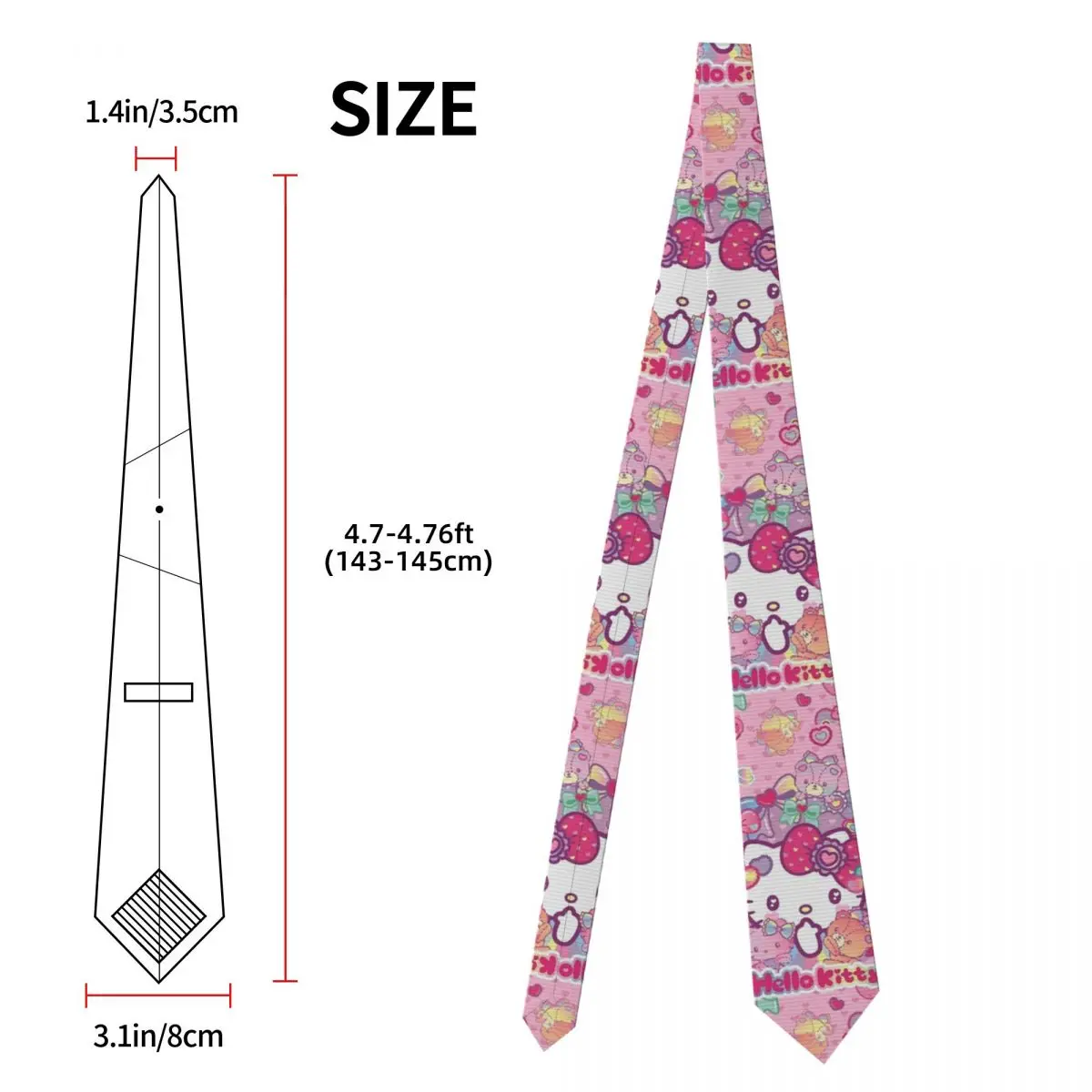 Uroczy krawat Hello Kitty unisex, jedwabny/poliesterowy, szerokość 8 cm, krawat z motywem kreskówkowym dla mężczyzn, do noszenia na co dzień, prezent.