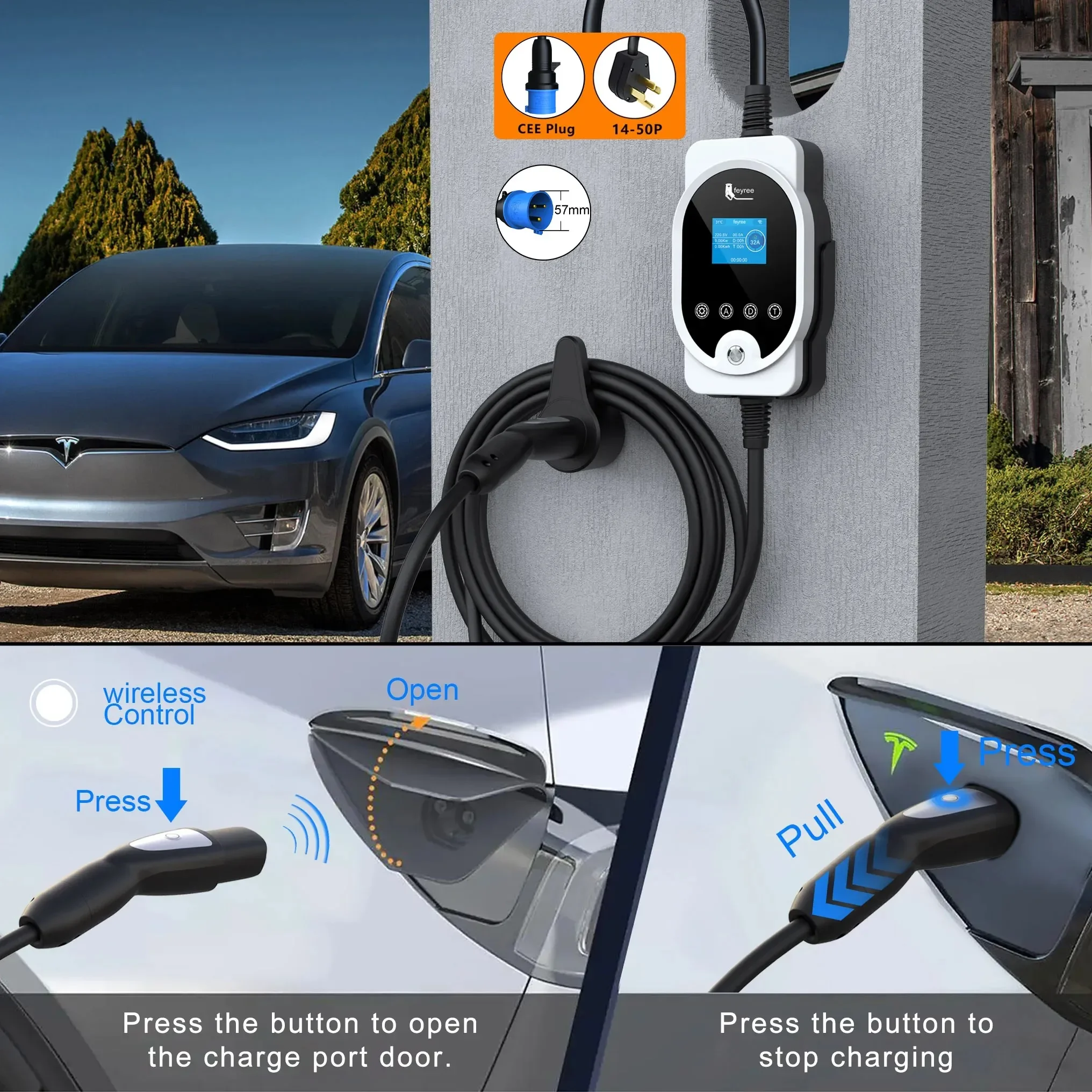 Feyree Charger Fast Charger Smart APP Control 50A 40A 32A EV TS-NACS Socket Portable Adjust Current & Timer for All Tesla EV Car