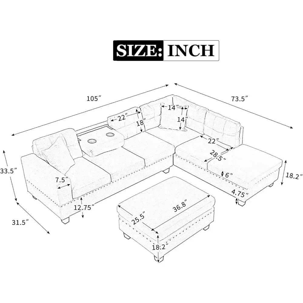 Reversible Sectional Sofa Couch with Ottoman,Polyester L-Shape Couch with 2 Pillows and Cup Holder, Sectional Sofas