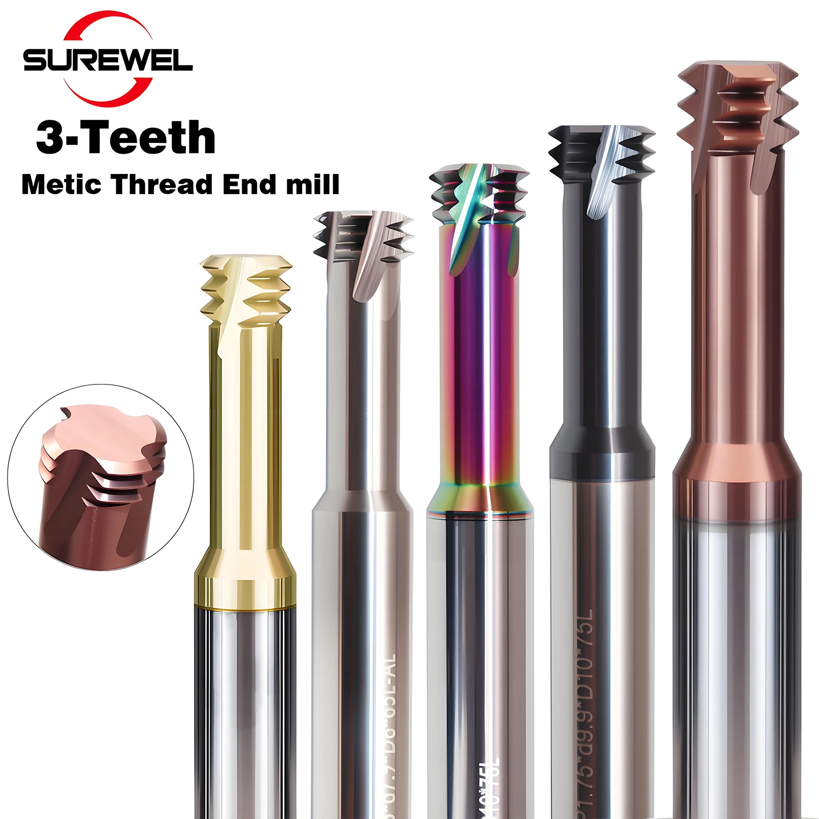 New CNC Tools AITiN and ZrN Coating Carbide Thread Milling Cutter M3 M2.5 M12 Three Teeth Threading End mill for Stainless steel