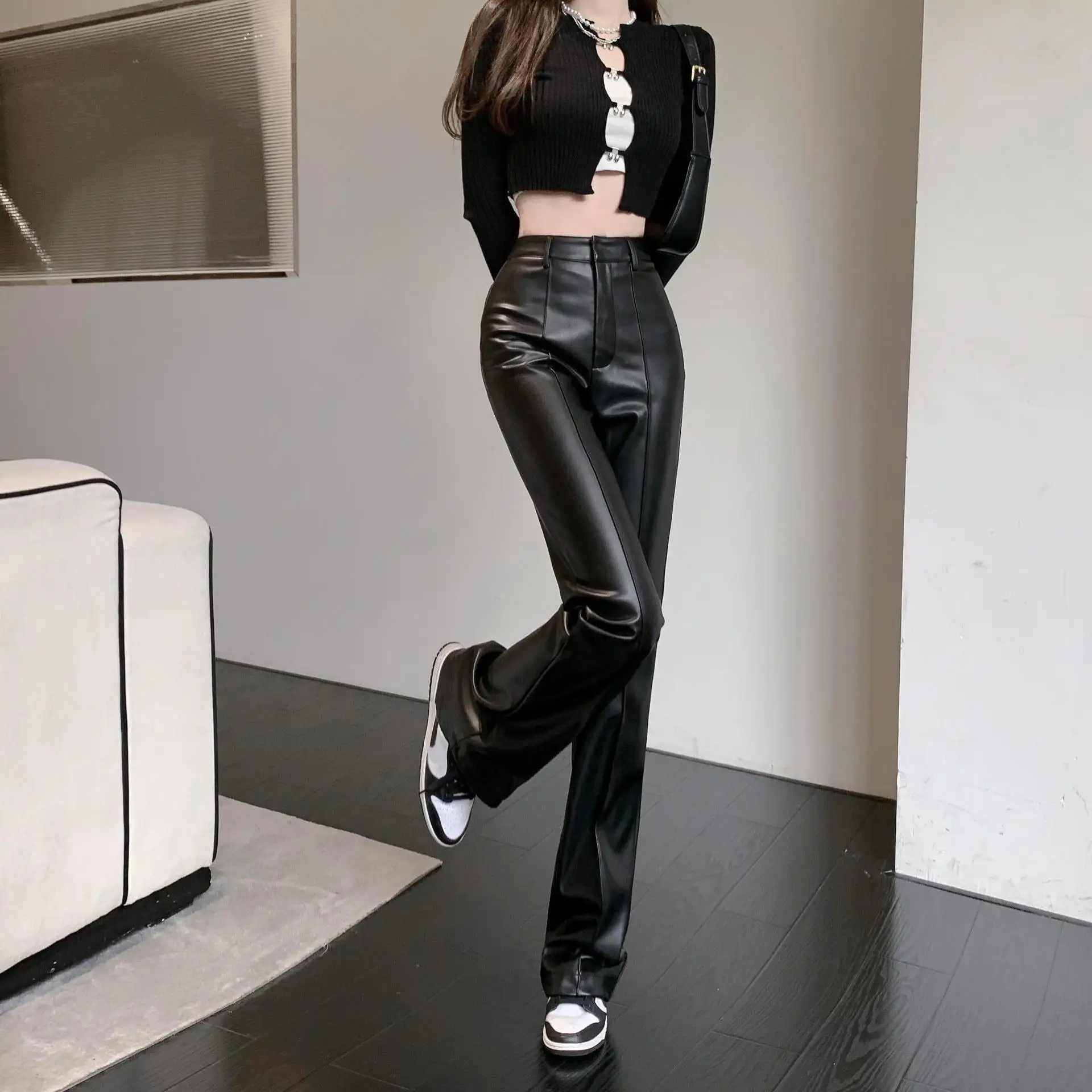 

Black Pants Office Ladies High Waist Wide Leg Pants Women Autumn/Winter Slim Straight Loose Leather Pants Urban Casual Trousers