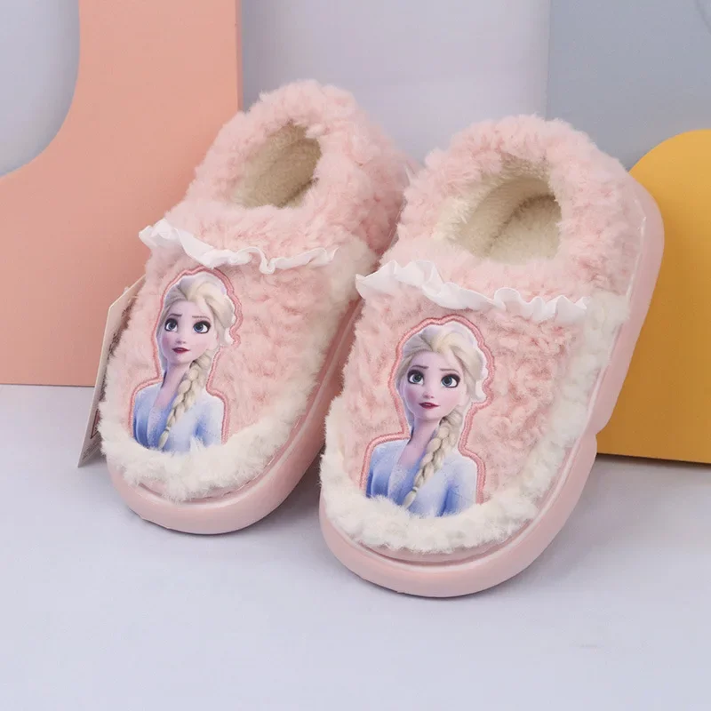 Disney Winter Girls Antiskid Cotton Shoes Children\'s Cute Cartoon Home Indoor Plush Slippers Warm Furry Kids Slipper Footwear