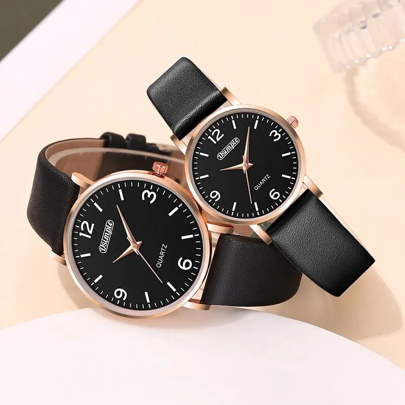 4pcs Couple Quartz Wristwatch Set Couple Fashion Black Leather Strap Quartz Watch Luxury Chain Gold Silver Bracelet Set