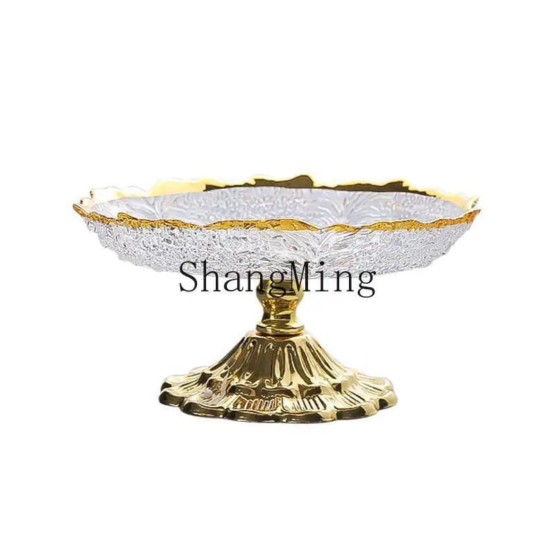

PYH light luxury crystal glass fruit plate high-footed snack plate metal base dried fruit plate household living room