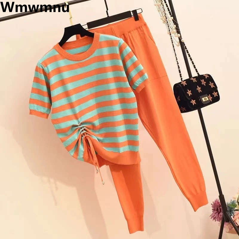 Summer Thin Knitted Pants 2 Piece Set Drawstring Stripe Short Sleeve Tops Conjuntos Women Korean Fashion Pantalones Outfits