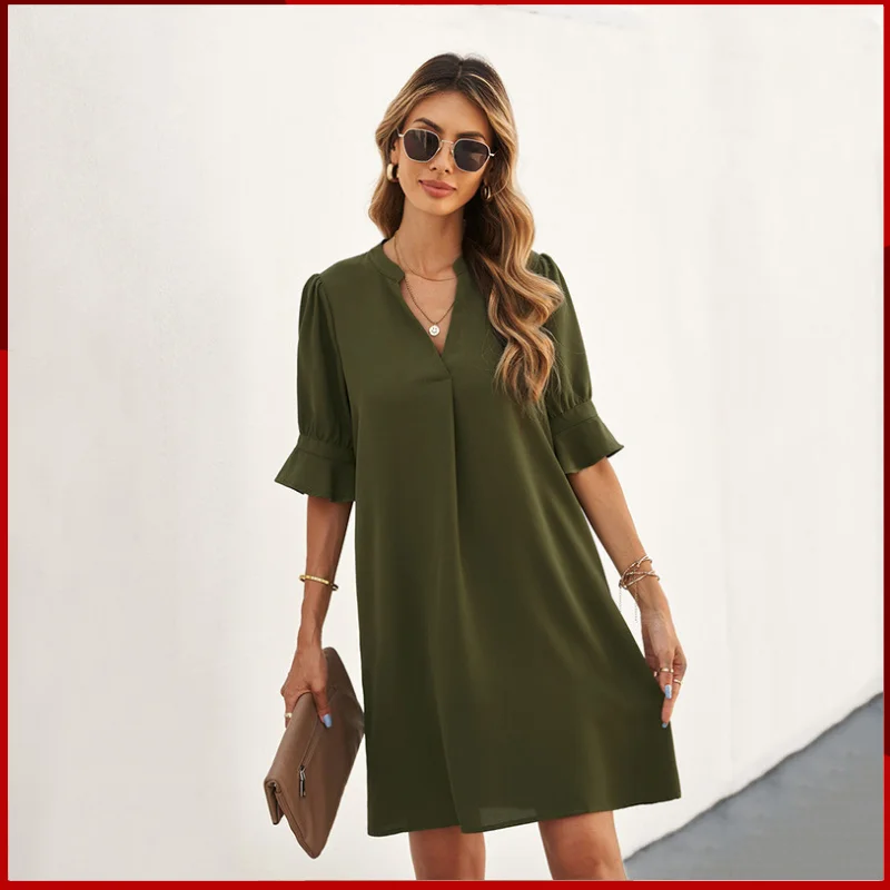 

European And American Summer New Chiffon Dress Women's Solid Color Loose Dried V-neck Short Sleeve Knee Length Dress