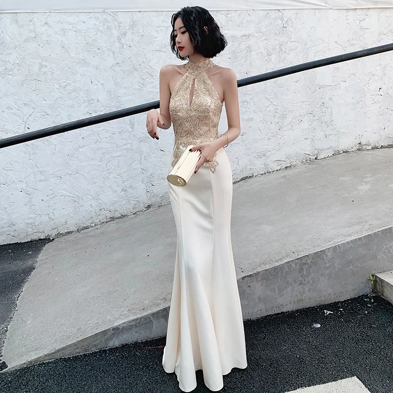 

Champagne Color Evening Gown Women's High-End Ele Beautiful Host Year End Par Dr Luxury Sexy Fi Tail Long Skirt