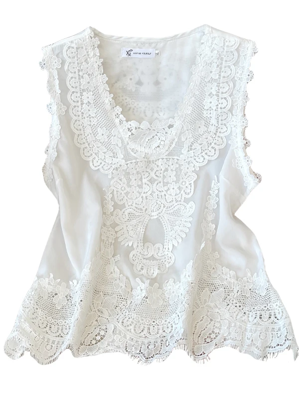 

Ele Embroidered Lace Trim Vest Women's Summer Large Size Design Hollow out Svel Top Cotton Polyester Blend