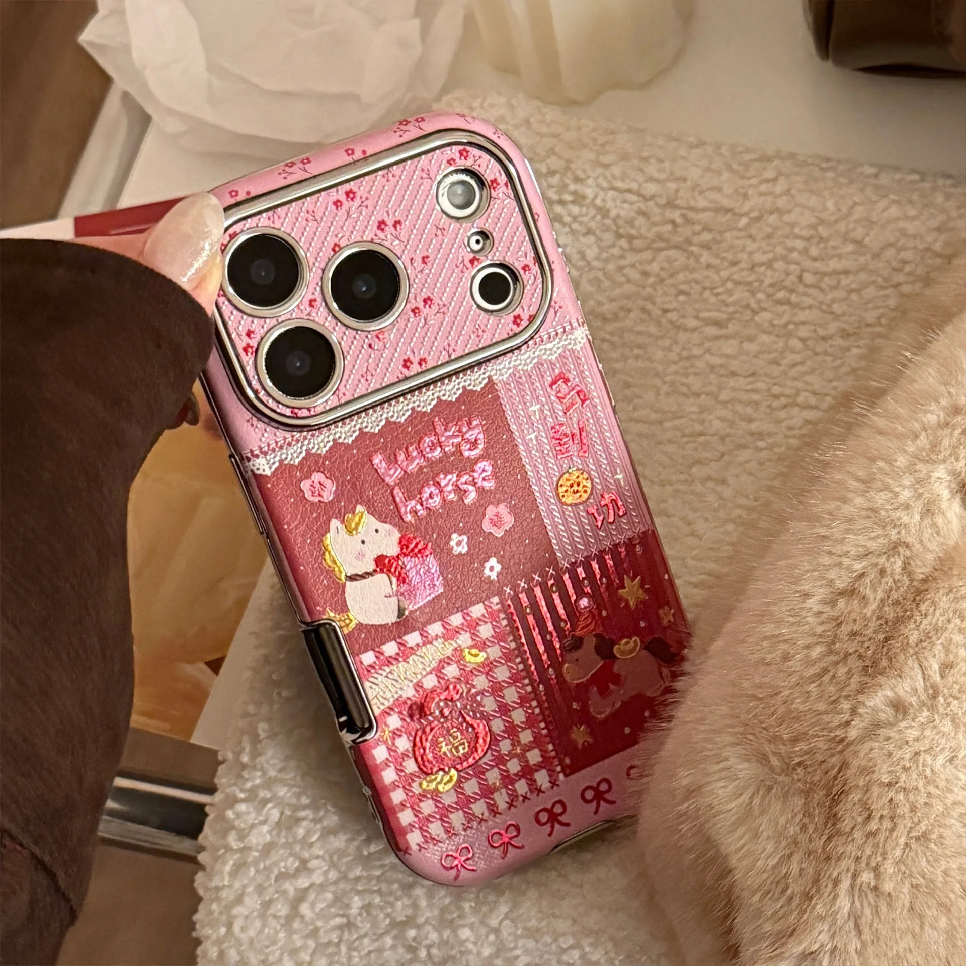 Korean Cartoon Horse Splicing Leather Texture Phone Case For iPhone 17 16 15 14 13 12 11 Pro Max With Bracelet Shockproof Cover view 5