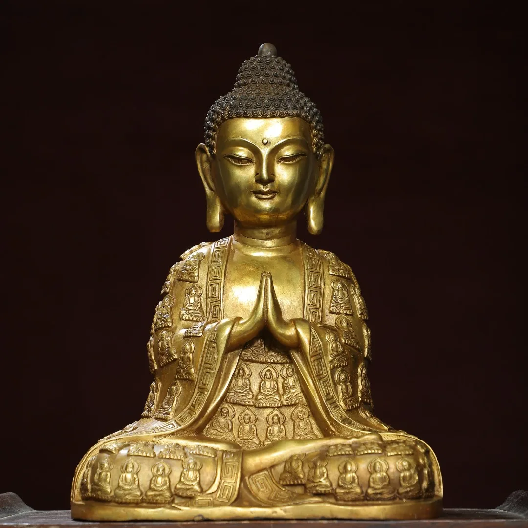 Home Worship of Religious Bronze Gilded Thousand Buddha Robe and Statue of Shakyamuni Buddha Size: Height 40cm, Width 18cm, Thic