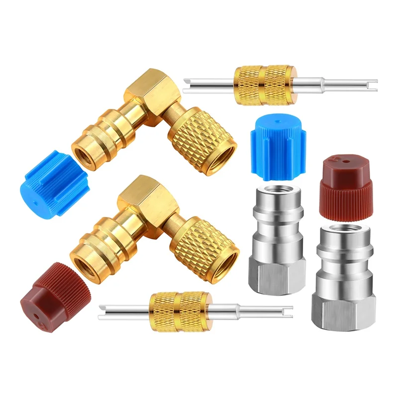 طقم محول تحويل تركيب التيار المتردد R12 إلى R134A، صمام التوصيل السريع A/C 90 °   محول منفذ التحديثية الضغط العالي/المنخفض-AA70