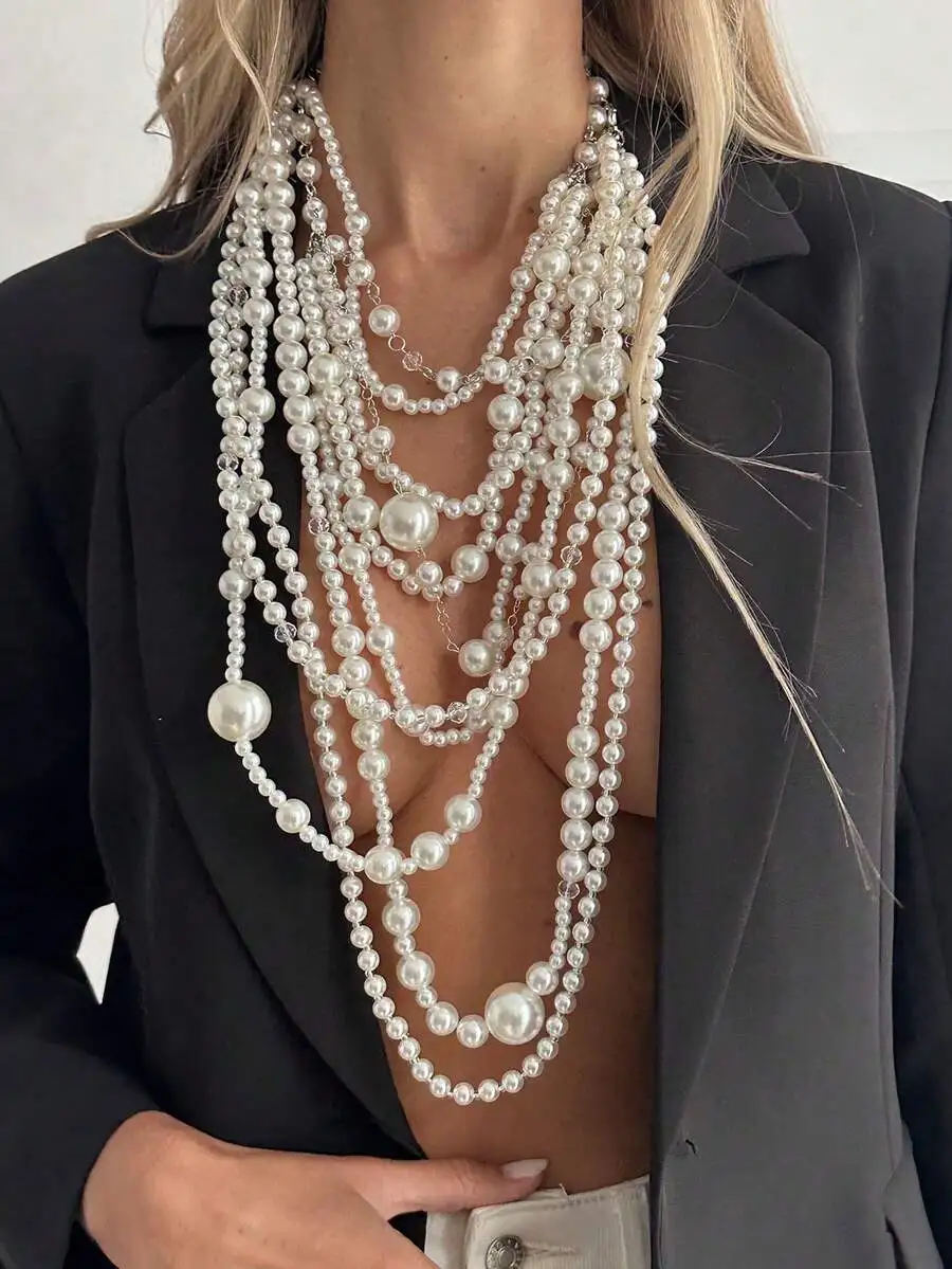

Multi-Layer Faux Pearl Beaded Necklace For Women Vintage Elegant Statement Jewelry
