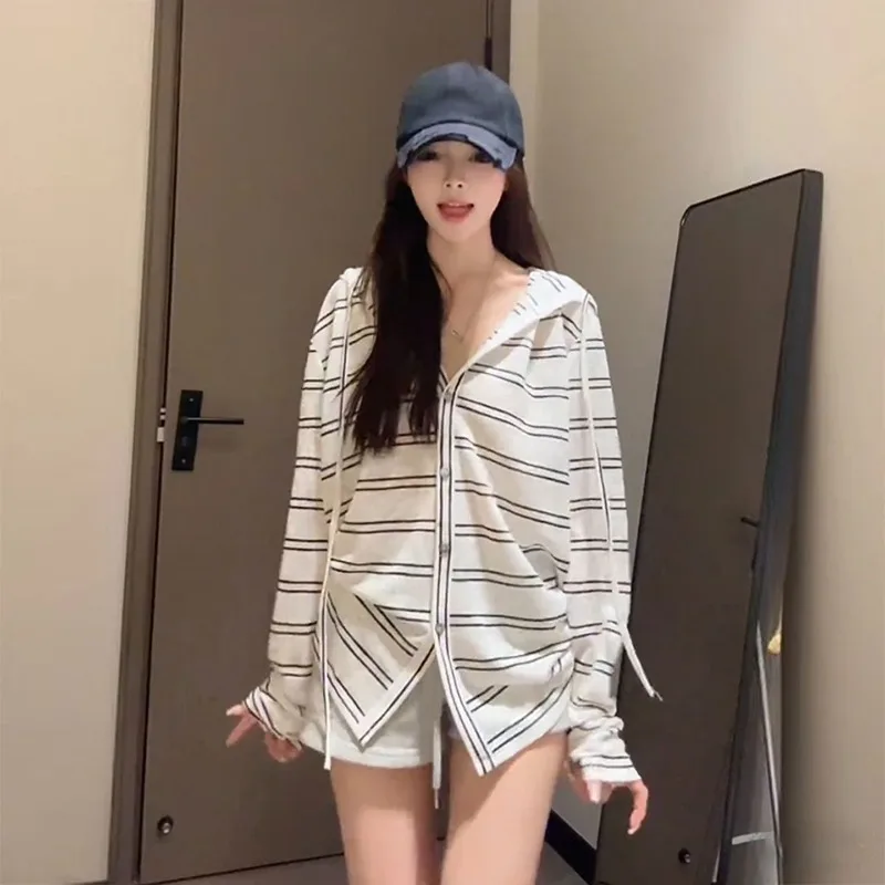

Blouse Jacket Cardigan Women's Summer Korean Style Cool and Refreshing Stripes Long Sleeve UV Protection Hooded Loose Fit Casual