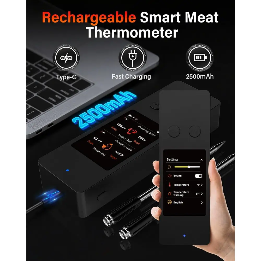 Wireless Meat Thermometer with App, Touch Screen, Audible Alarm, 2 Probes, 800°F Range & Rechargeable Base, Ideal for Kitchen Co