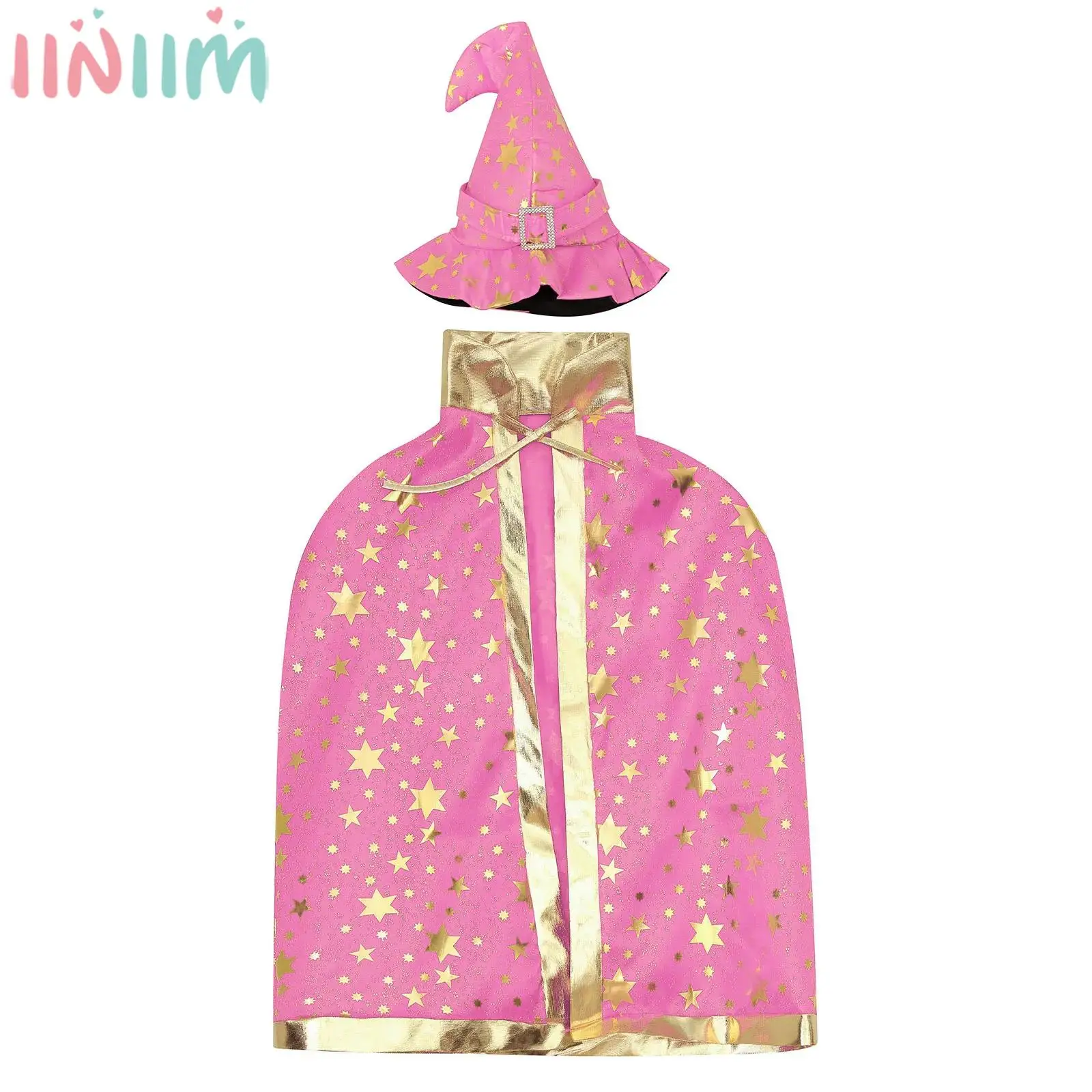 Children Halloween Witch Cosplay Costume Prop Shiny Star Print Lace-Up Cloak Cape with Hat Theme Party Wizard Pole Play Clothes