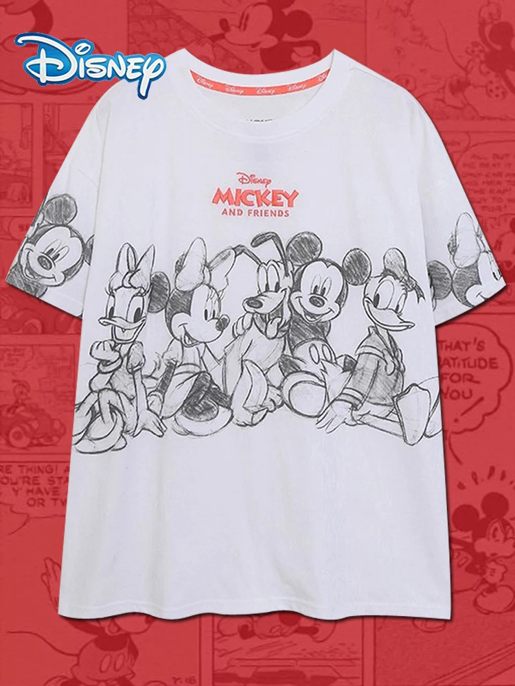 

Disney Minnie Mickey Mouse Donald Duck Family Letter Cartoon Print Embroidery T-Shirt Women Short Sleeve O-Neck Pullover Tee Top
