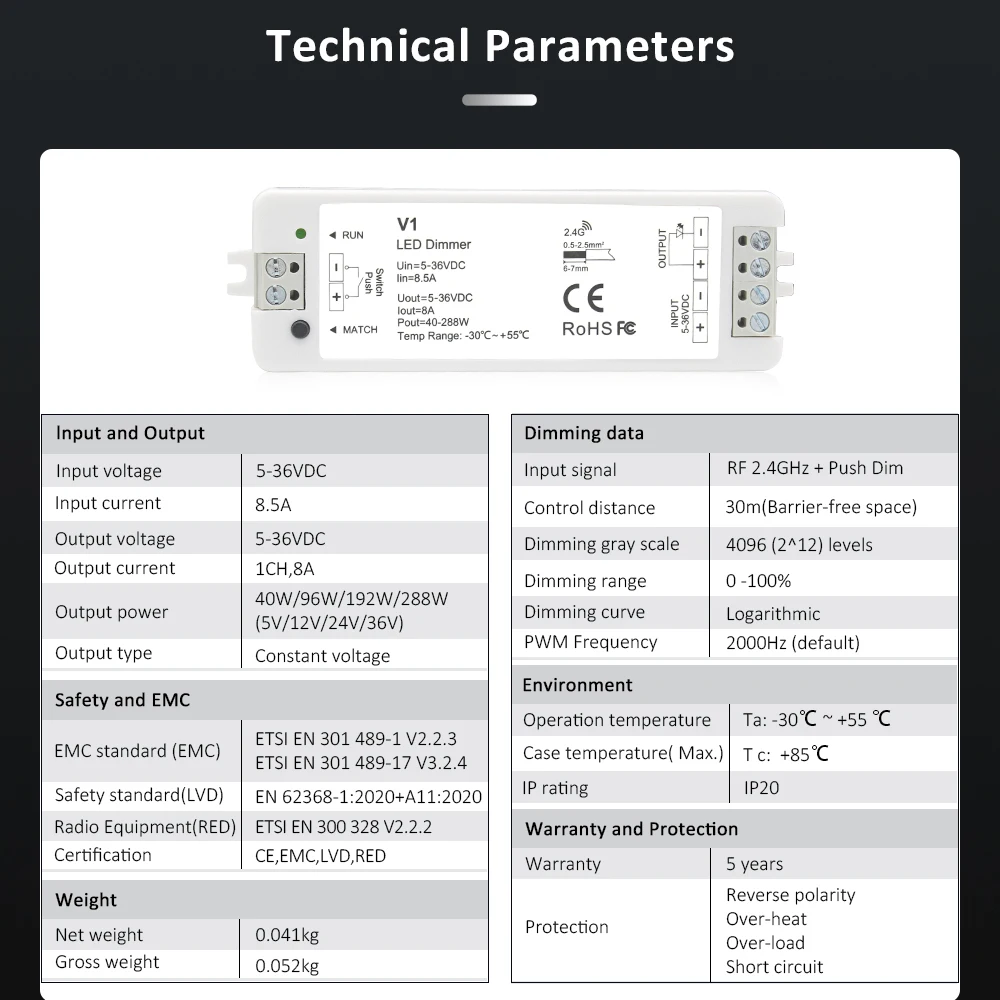 V1 PWM LED Dimmer 5v 12v 24v 36v 8A 1CH 2.4G RF Wireless Wall Mounted Touch Panel Remote for Single Color 2835 5050 Strip Light