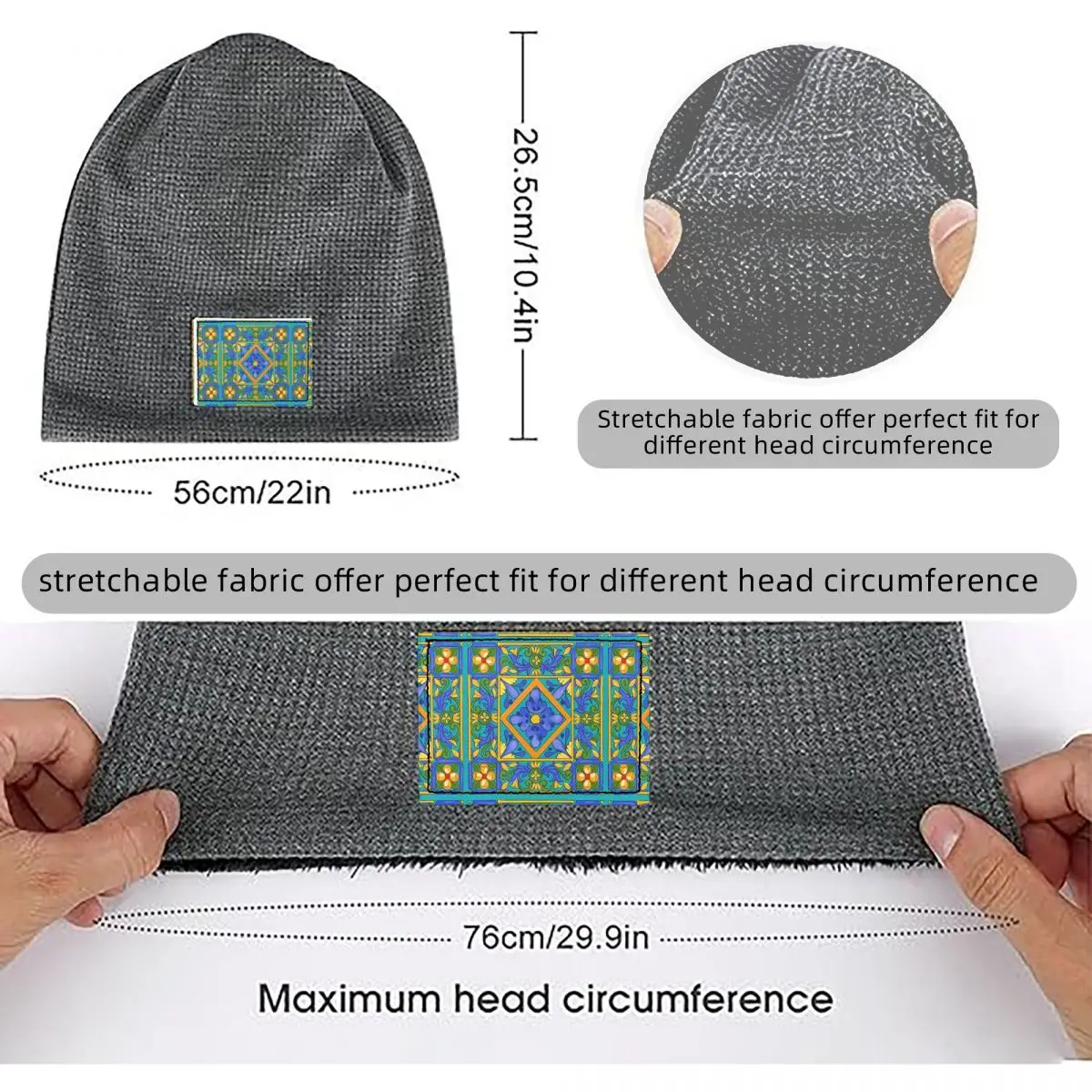 Summer ,Sicilian Tiles ,majolica,lemons ,Mediterranean Waffle Knit Fleece Lined Beanie with PU Leather Patch Winter Soft Cap