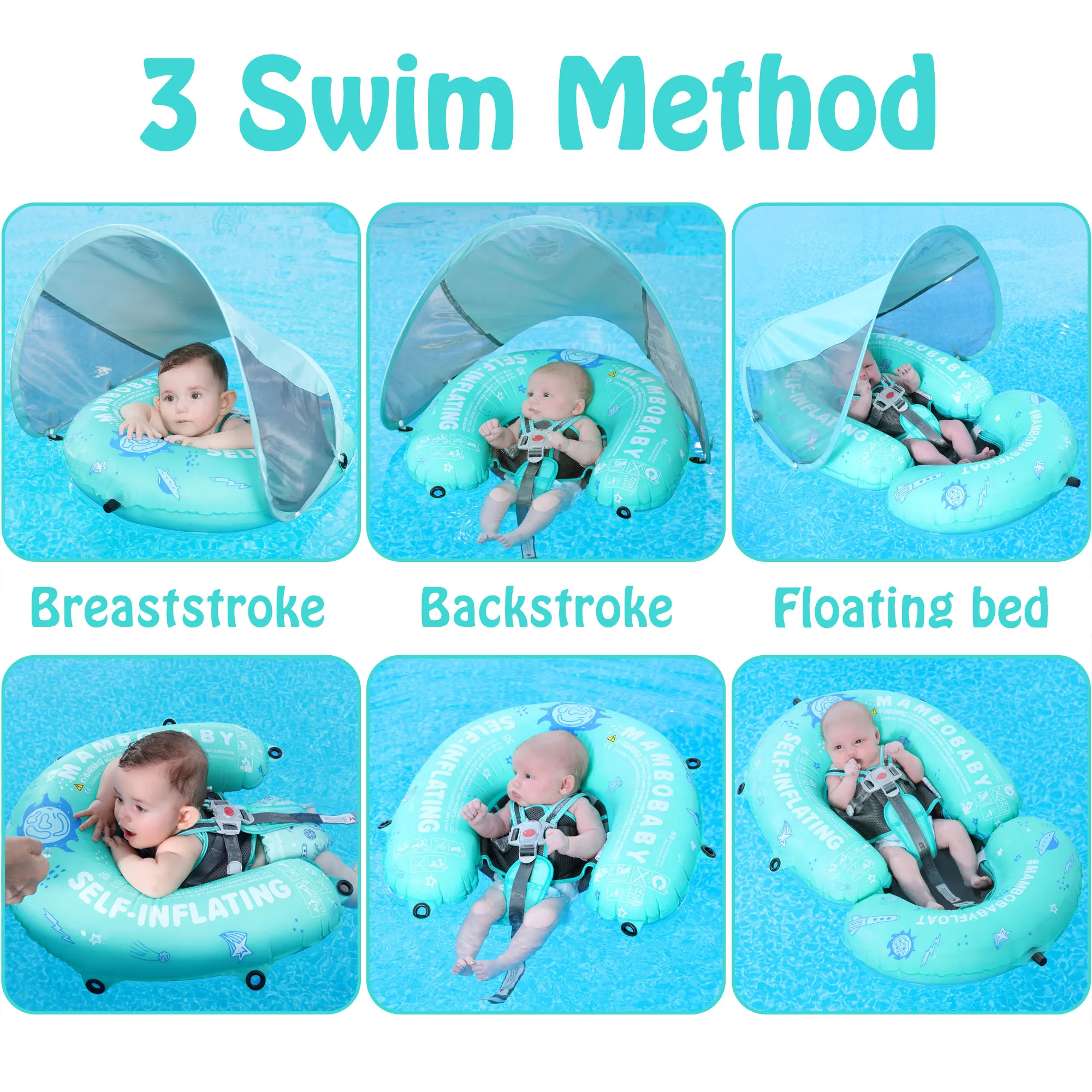 HECCEI Flotador Bebe, Mambobaby Auto Inflable Flotador Piscina con Toldo Anillo de Natación para Baby Swim Pool Playa Tina de 3 a 24 Meses