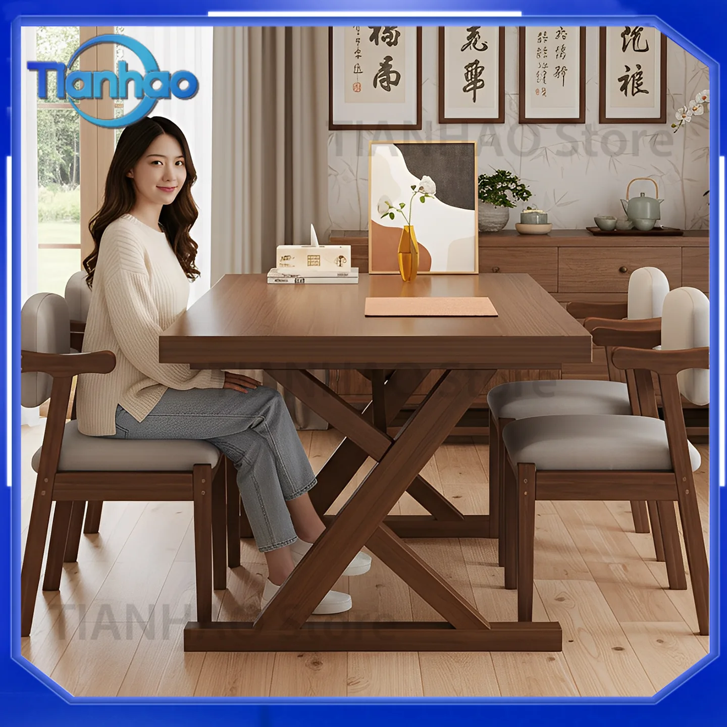 Solid Wood Dining Table for Home Rectangular Modern Minimalist Luxury Dining Table Set with Chairs