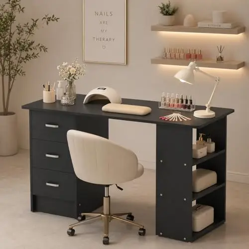 Nail Desk with Drawers & Shelves, Manicure Table for Home Salon, White Nail Table with Storage, Modern Beauty