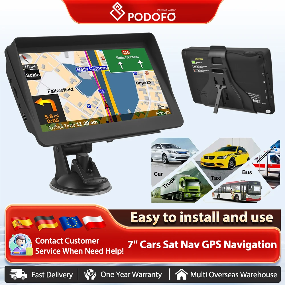 Podofo 7'' Nawigacja Samochodowa GPS z 8GB ROM, Darmowe Mapy, Ekran Dotykowy Pojemnościowy, Obsługa Radia FM, MP3, MP4, Karty SD, USB, Do Samochodu i Ciężarówki