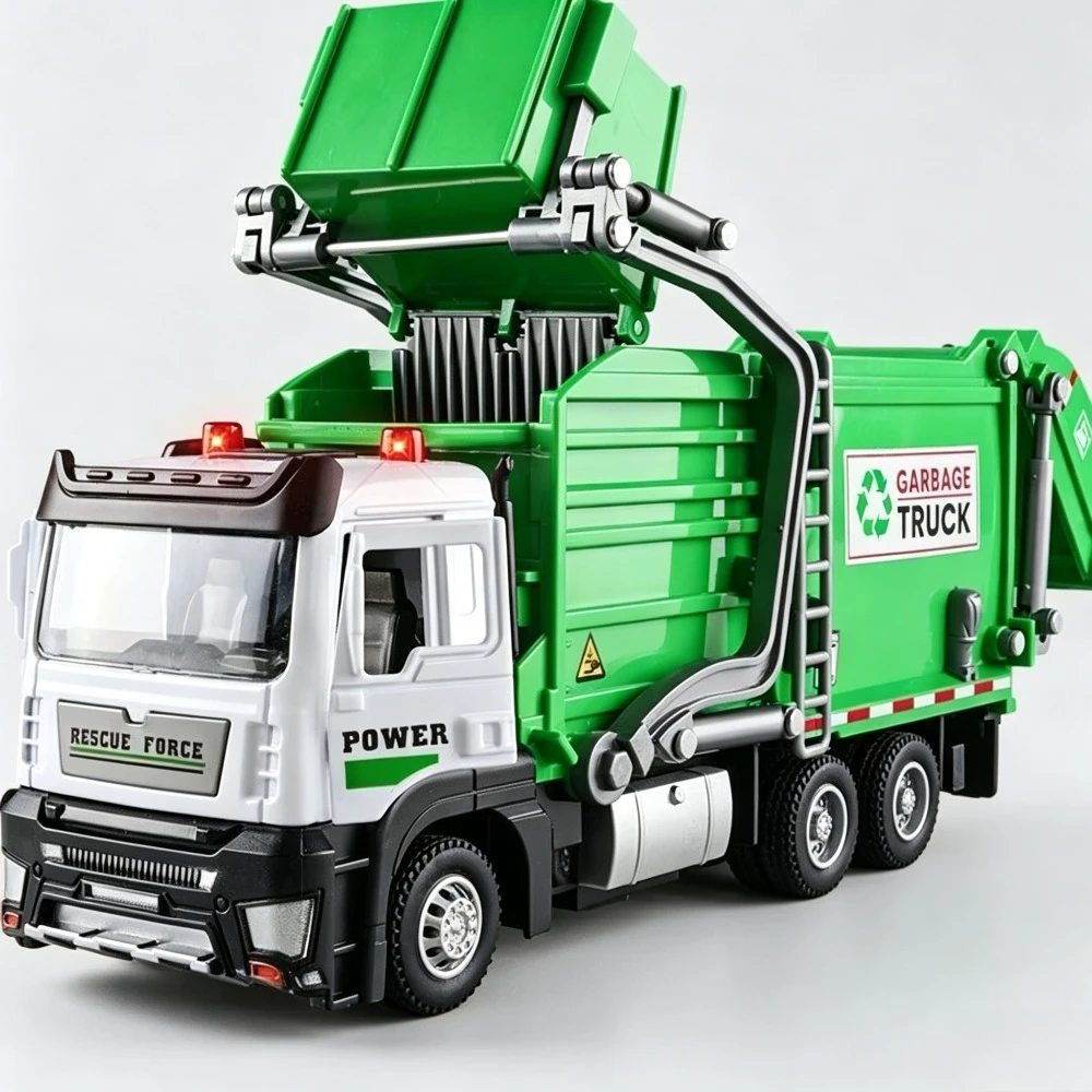 1:32 Garbage Recycling Truck Sweeper Car Model Toy Music Light Pull Back Sanitation Engineering Vehicles Holiday Celebrations