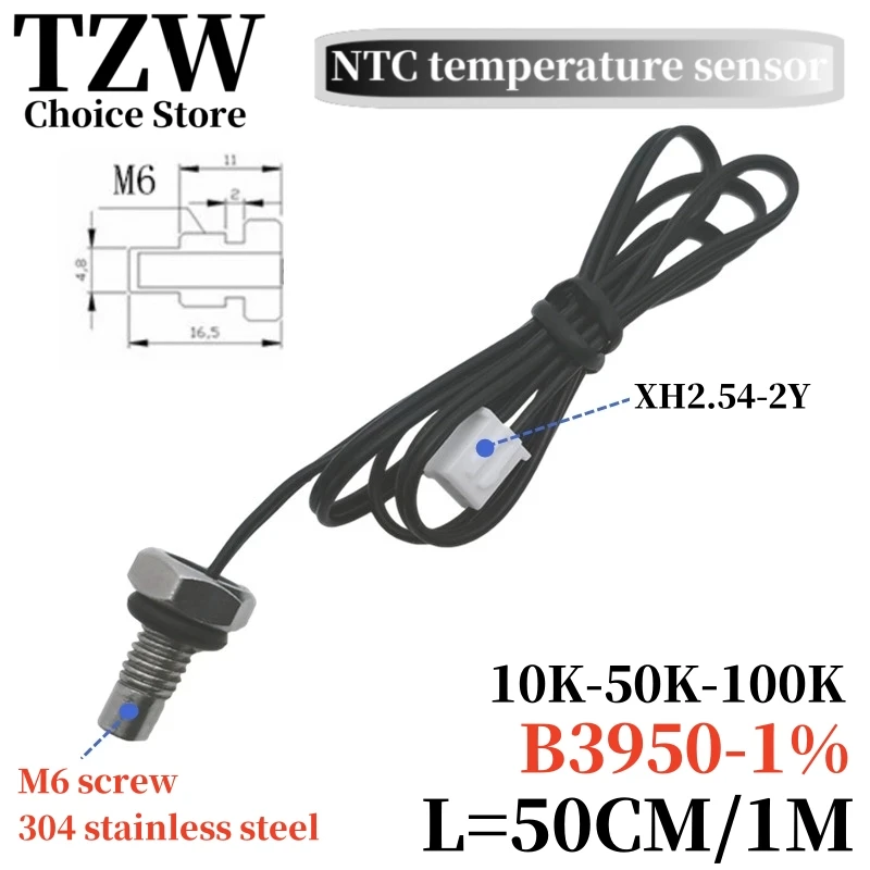 Sensore di temperatura filettato TZW M6 Sonda in acciaio inossidabile 304 10K 50K 100K B3950 1% Termistore NTC 50CM/1M