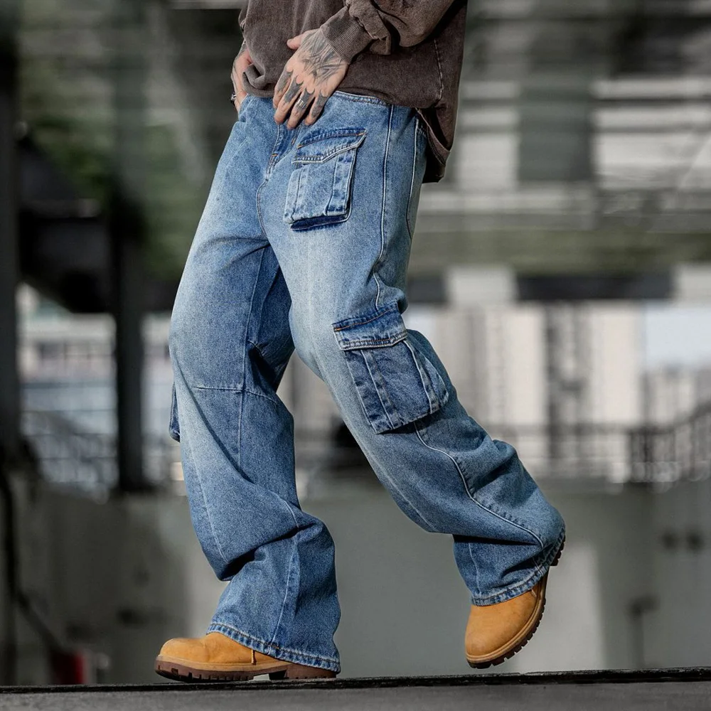 

Man Hip Hop Wide Leg Baggy Jeans Pants Men Streetwear Fashion Vintage Multi-pocket Loose Casual Cargo Jeans Denim Pants Trousers