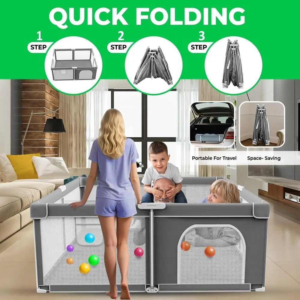روضة أطفال كبيرة قابلة للطي مقاس 71 × 59 مع حصيرة للأطفال الصغار، إعداد سهل، شبكة مسامية، مضادة للسقوط، للاستخدام الداخلي/الخارجي