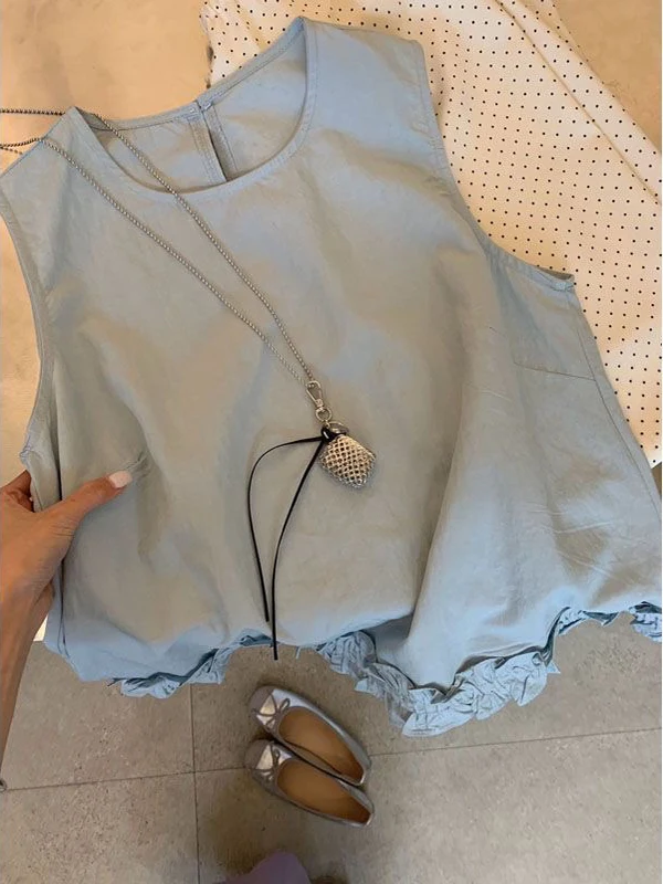 여름 신상 여성용 면 셔츠 민소매 나무 가장자리 헴 소형 사이즈 패셔너블 젊고 트렌디한 소형 탑