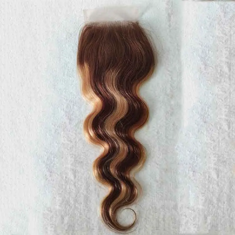 Perruque Lace Closure Remy naturelle, cheveux humains, 4x4, pre-plucked, Body Wave, bon marché, brun à blond miel, deux tons, à reflets, 4/27