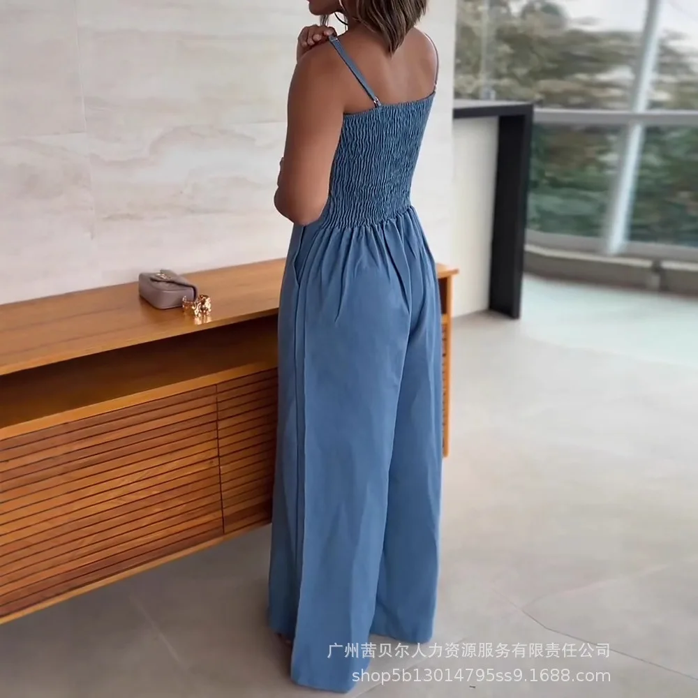 レディース オールインワン パンツ ルーズ レイクブルー ウエストバックルデザイン ストラップ スリムフィット ワイドレッグ ジャンプスーツ