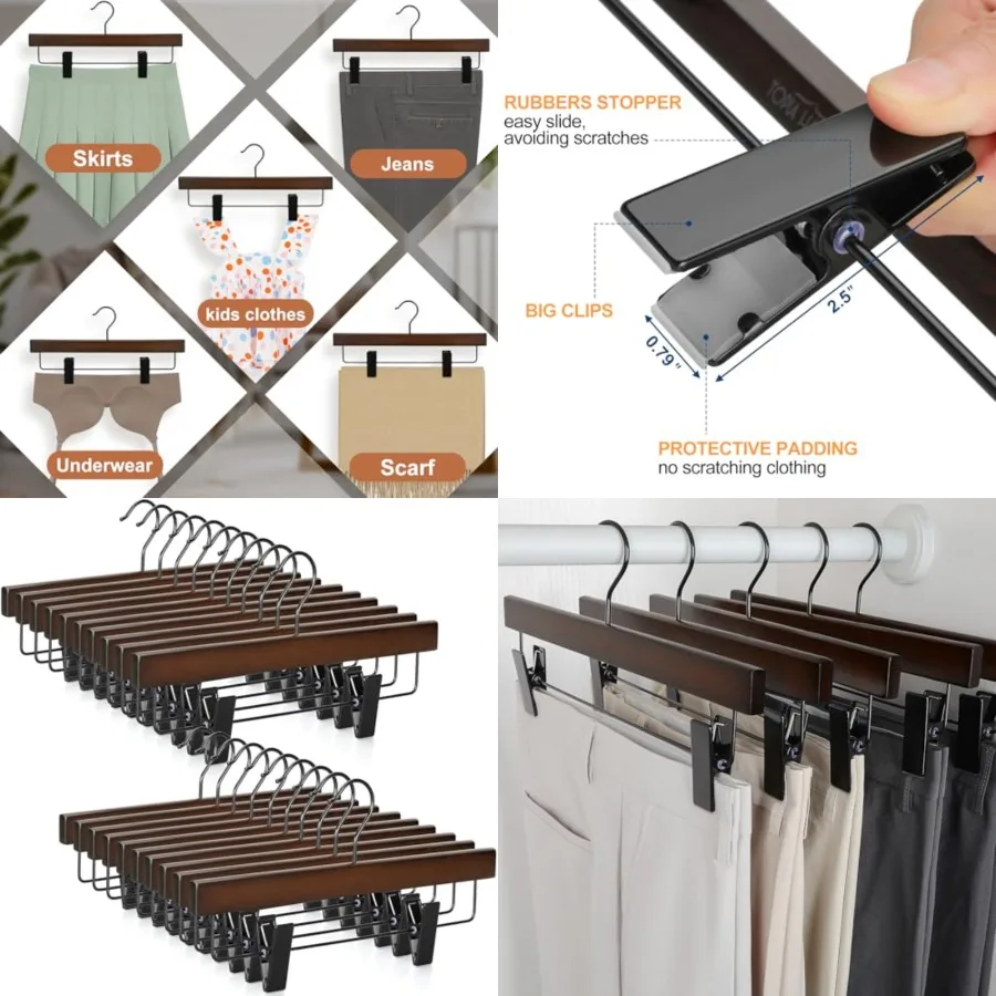 

Pants Hangers, Wooden Skirt Trouser Hangers with 2 Adjustable Metal Big Clips, Premium and 360°Swivel Hook, Jean Slacks Hangers