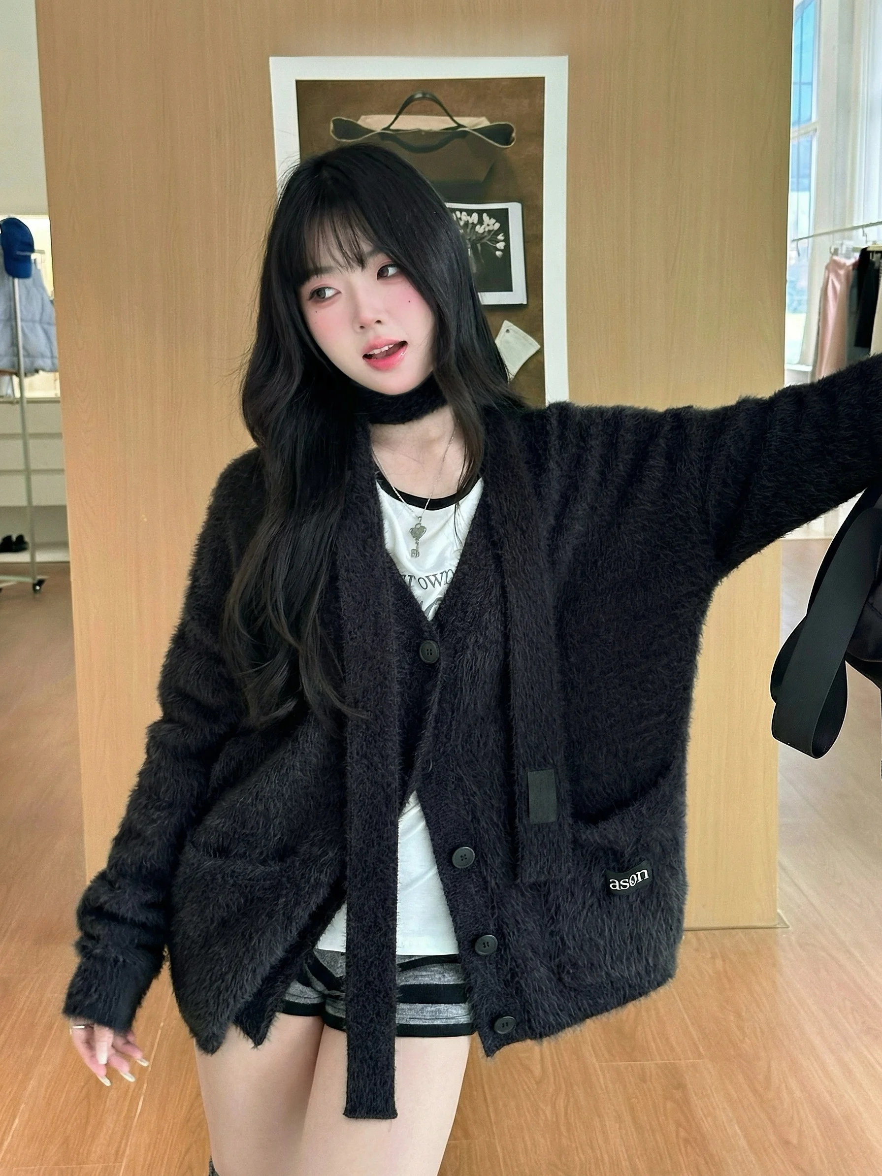 

Мягкий вязаный кардиган с длинными рукавами в корейском стиле, из искусственного меха норки, легкий, теплый, с V-образным вырезом, REOY Stu Lazy Style