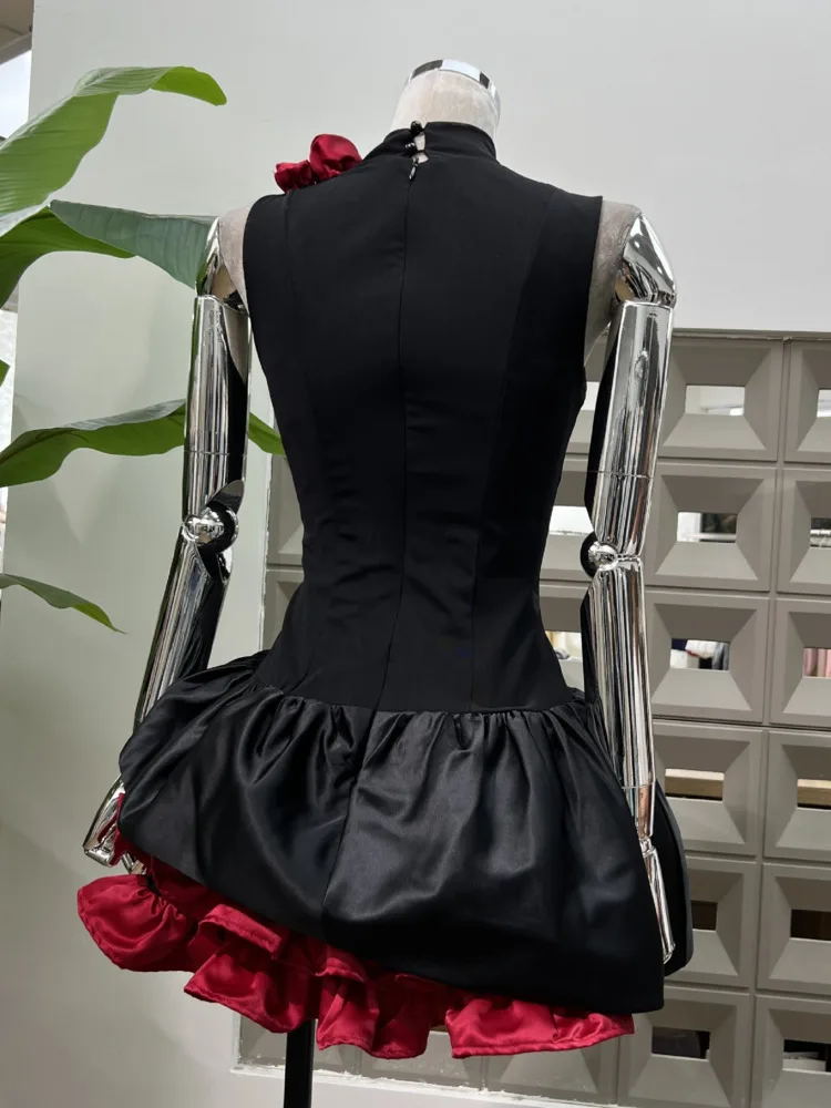 Dfdg 2025 primavera verão semi-tartaruga pescoço contraste painel em camadas vestido com floral irregular usar tecido elástico respirável