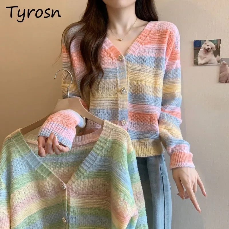 

Knitted Cropped Cardigan for Women Rainbow Striped Thin Hollow Out Korean Style Chic Gentle Loose Aesthetic Outerwear Sweaters