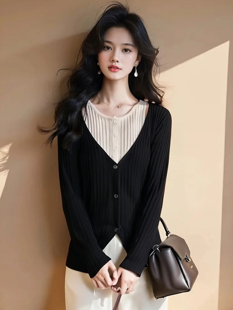 

Корейский модный женский трикотажный топ Slim Fit с длинным рукавом, базовый слой, повседневный, для работы, с пуговицами, другие детали