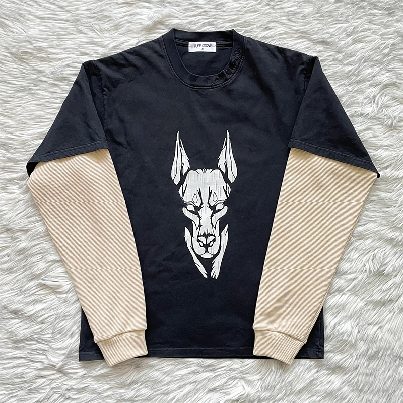 

TUFF CRO Long Sve T-irt Embroidered Dog Head Print Youth Faion Breathable Cotton round Ne Tee for Men Summer Wear