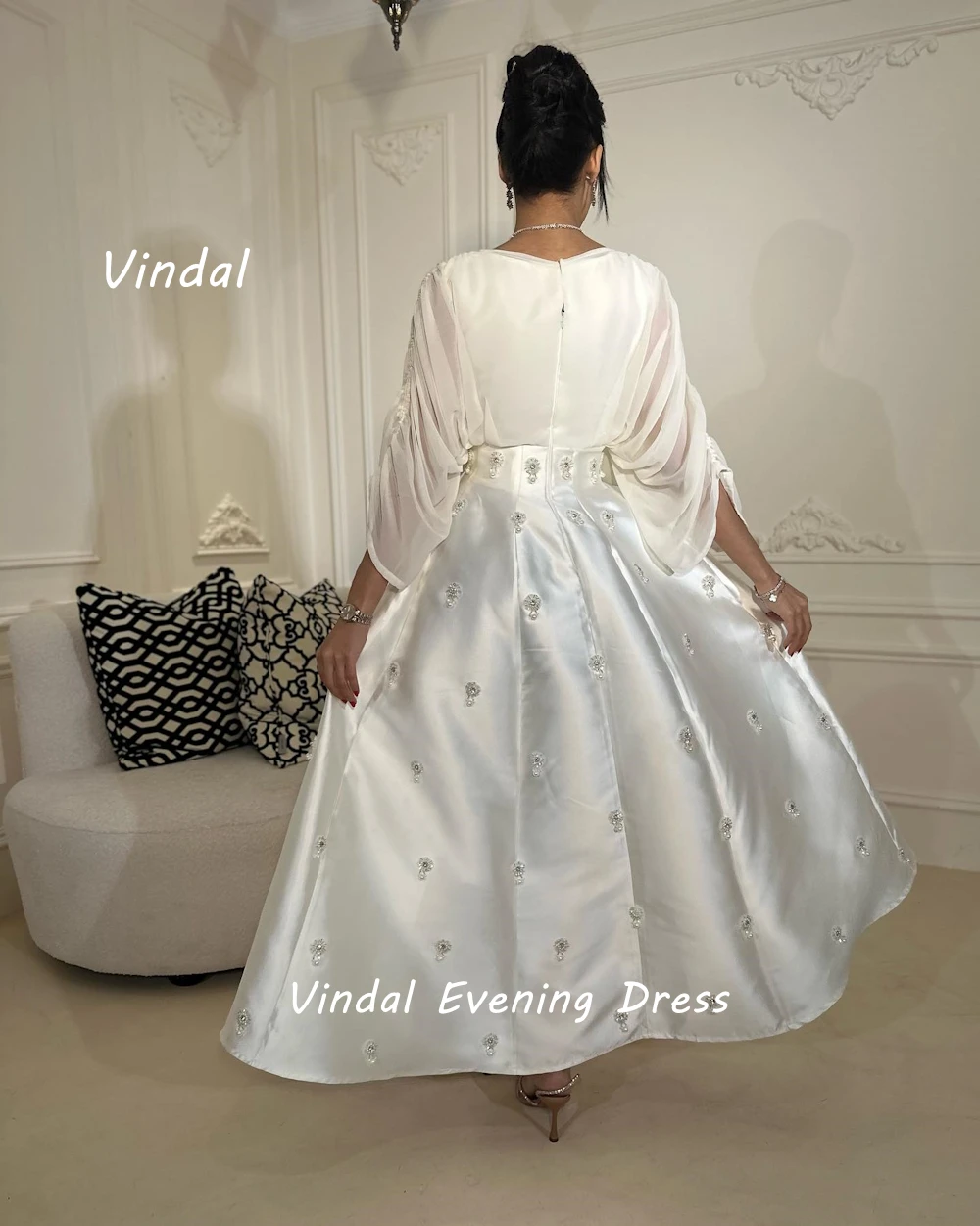 Vindal Ankle length V-Neck Fashion luxurious A-Line Beaded Chiffon Breast Padding Elegant Short Sleeves السعود For Woman 2024