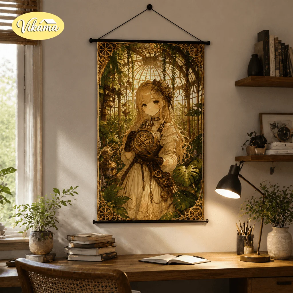 VIKAMA Steampunk Fantasy Girl Tapestry Wall Hanging Mechanical Gear Floral Garden Wall Art Decor for Bedroom Living Room
