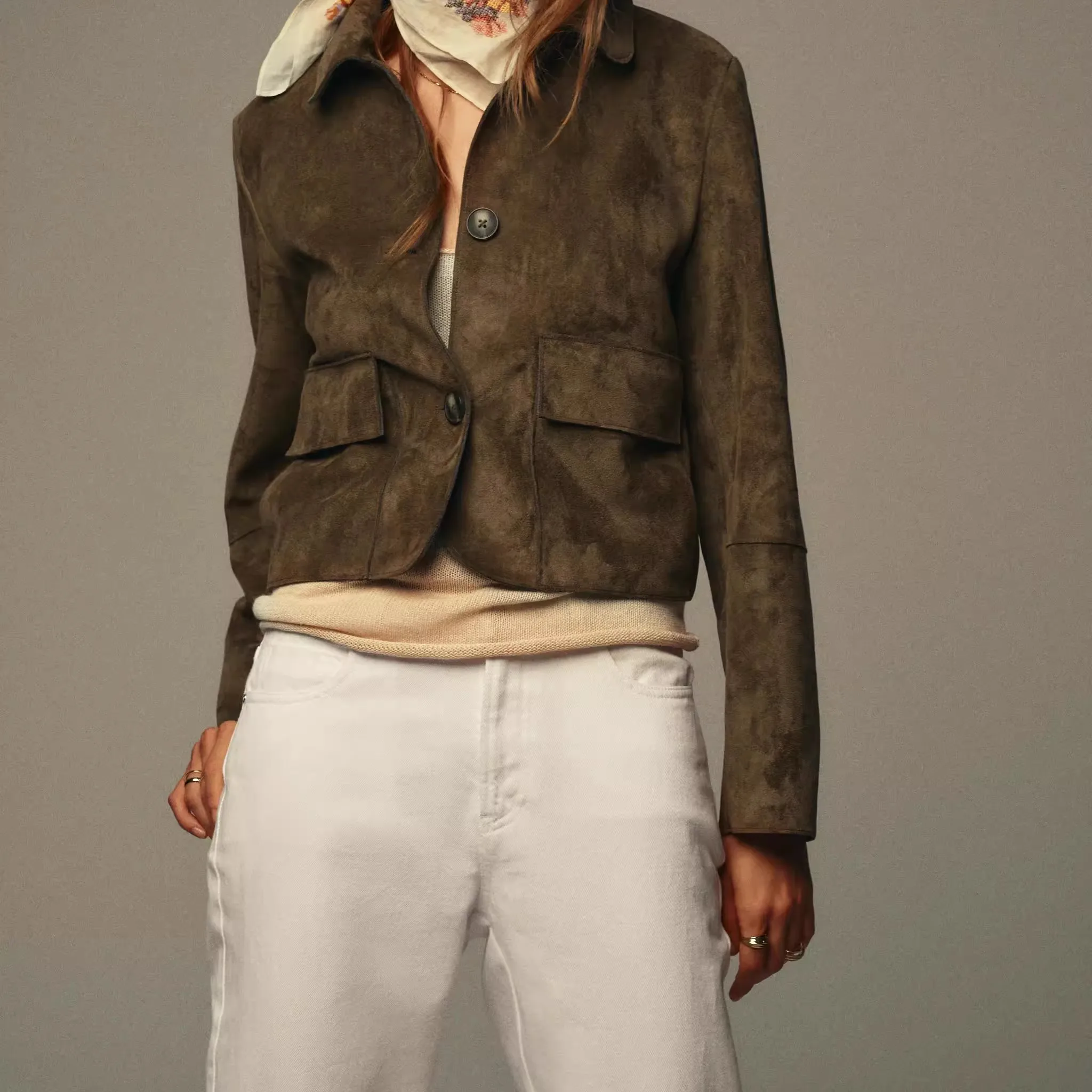 

Fall New Arrival Women's Color Faux Suede ort Jaet Coat Casual Sle Straight Cut Youth Fem Long Sve Button C...