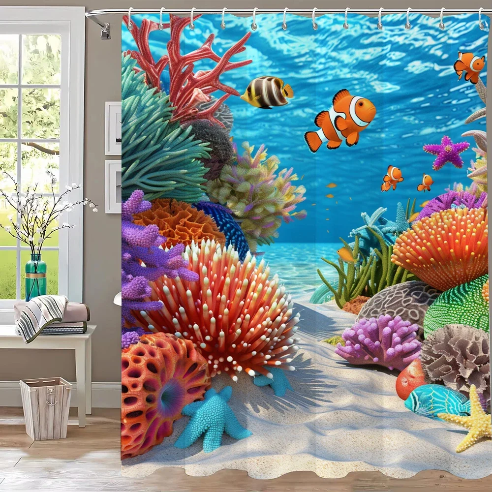 1pc Marineland Print Shower Curtain Partition Privacy Hanging Sea World Bathroom Curtain with 12 Hooks Machine Washable